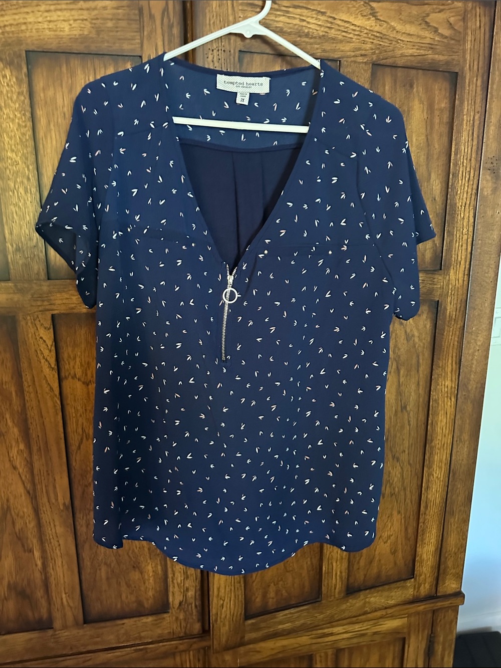 Tempted Hearts Navy Short-Sleeve V-Neck Zip Blouse with White Micro Dots